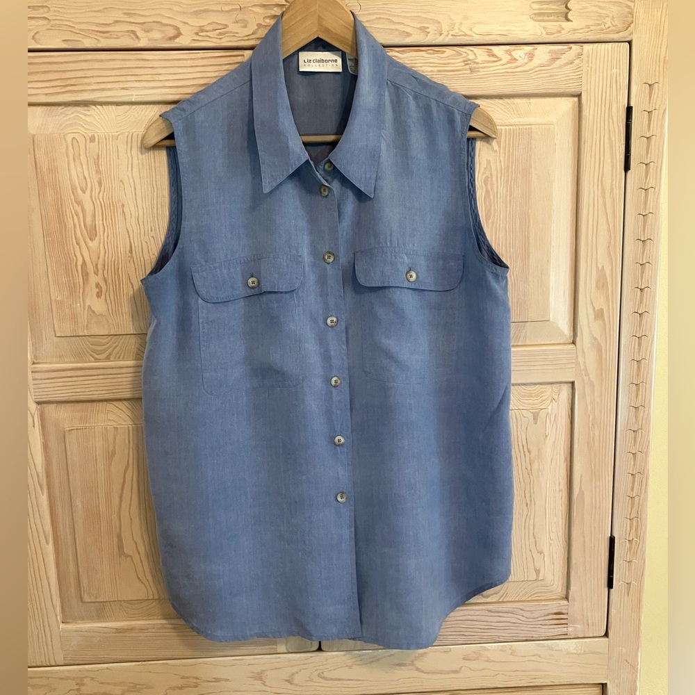 Liz Claiborne Button Down Shirt Silk Sleeveless Modern Prep Preppy Literary Chic